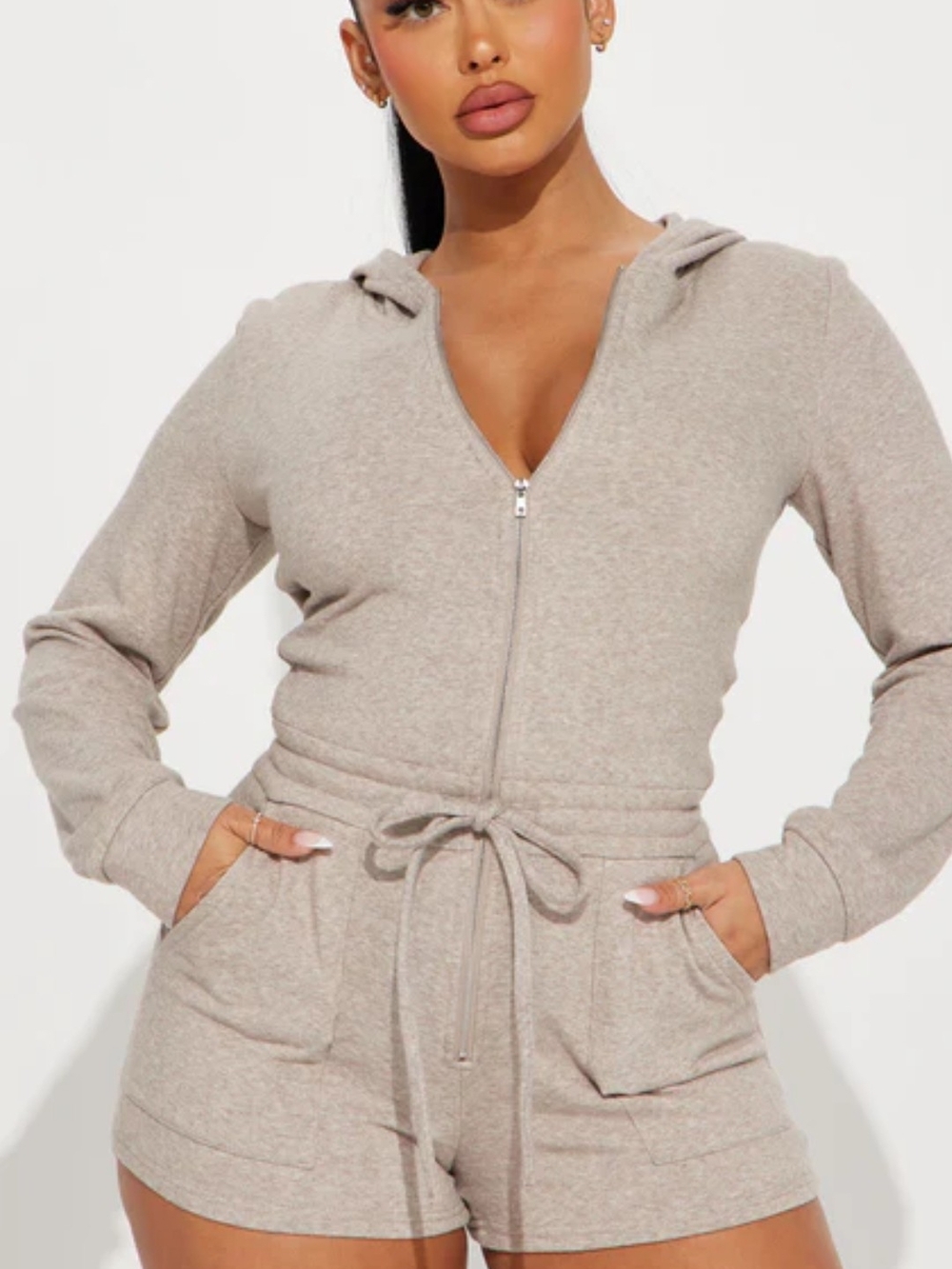 Fashion Nova Taupe Hooded Zip Front Romper Shorts